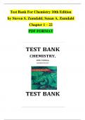 TEST BANK For Chemistry 10th Edition by Steven S. Zumdahl; Susan A. Zumdahl  | Chapter 1 - 22 | 100 % Complete