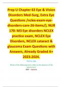 Prep U Chapter 63 Eye & Vision Disorders Med-Surg, Extra Eye Questions /nclex-exam-eye-disorders-care-26-items/), NUR 170: M3 Eye disorders NCLEX practice exam, NCLEX Eye Disorders, NCLEX cataract & glaucoma Exam Questions with Answers, Already Graded A+ 
