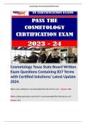 Cosmetology Texas State Board Written Exam Questions Containing 827 Terms with Certified Solutions/ Latest Update 2024. Terms like: When cutting extremely curly hair it is recommended that the hair be cut? - Answer: Dry