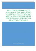 TEST BANK FOR DAVIS  ADVANTAGE FOR TOWNSEND’S  ESSENTIALS OF PSYCHIATRIC  MENTAL HEALTH NURSING 9TH  EDITION KARYN MORGAN/ ALL  CHAPTERS AVAILABLE