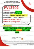 PVL3702 ASSIGNMENT 2 QUIZ MEMO - SEMESTER 1 - 2024 - UNISA - DUE : 9 APRIL 2024 (INCLUDES 2080 PAGE EXTRA MCQ BOOKLET WITH ANSWERS - DISTINCTION GUARANTEED)