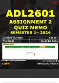 ADL2601 ASSIGNMENT 2 QUIZ MEMO - SEMESTER 1 - 2024 - UNISA - DUE : 30 APRIL 2024 (INCLUDES EXTRA MCQ BOOKLET WITH ANSWERS - DISTINCTION GUARANTEED)