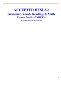 ACCEPTED HESI A2 Grammar, Vocab, Reading, & Math Version 2 