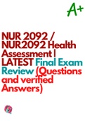 NUR 2092 / NUR2092 Health Assessment | LATEST Final Exam Review (Questions and verified Answers) | Rasmussen College